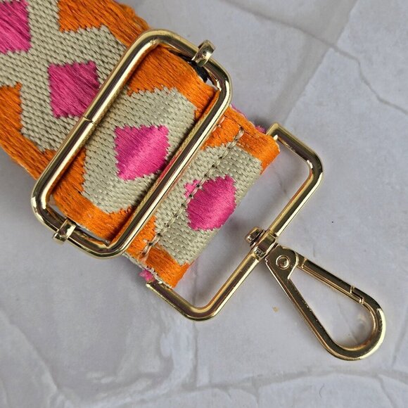 Long Adjustable Woven Purse Strap Cream Pink Orange Black Geometric Pattern - Picture 2 of 8